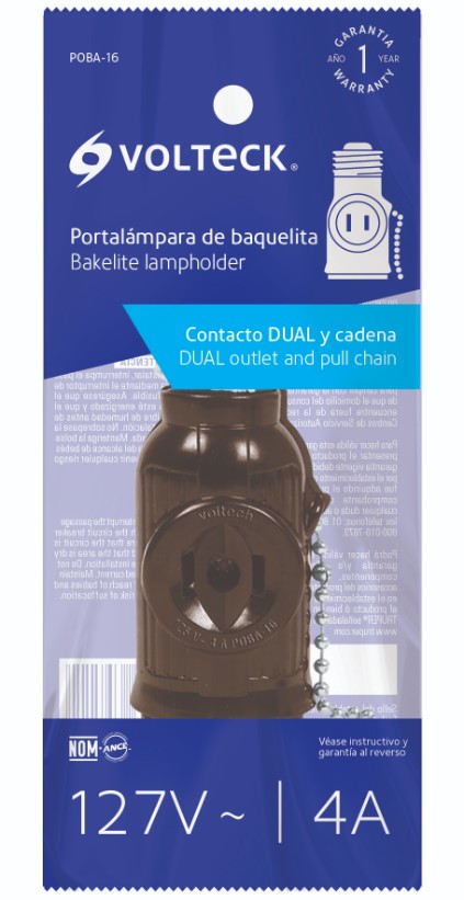 Volteck POBA-16 Portalámpara de baquelita, cadena y doble contacto, Volteck