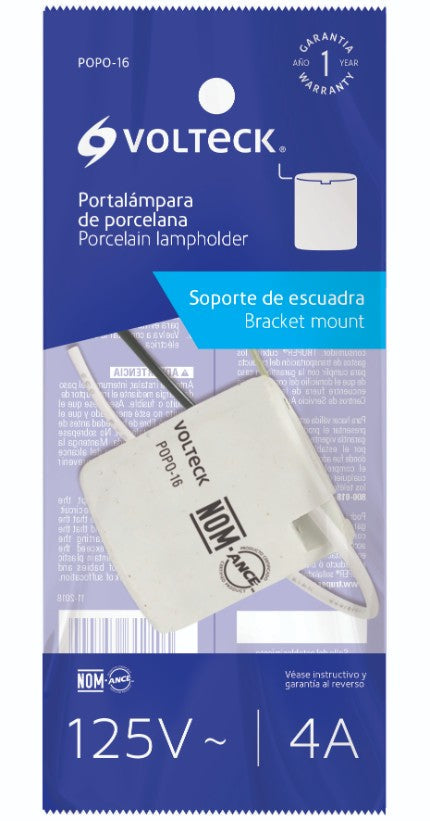 Volteck POPO-16 Portalámpara de porcelana, soporte tipo escuadra, Volteck