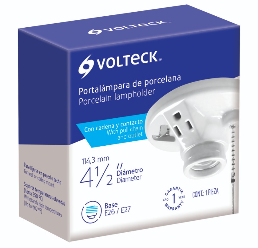 Volteck POPO-20 Portalámpara de porcelana, con ladrón y cadena, Volteck