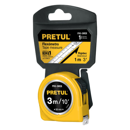 Pretul PRO-3MEB Flexómetro, amarillo, 3m,cinta 13mm, Pretul,tarjeta plástica