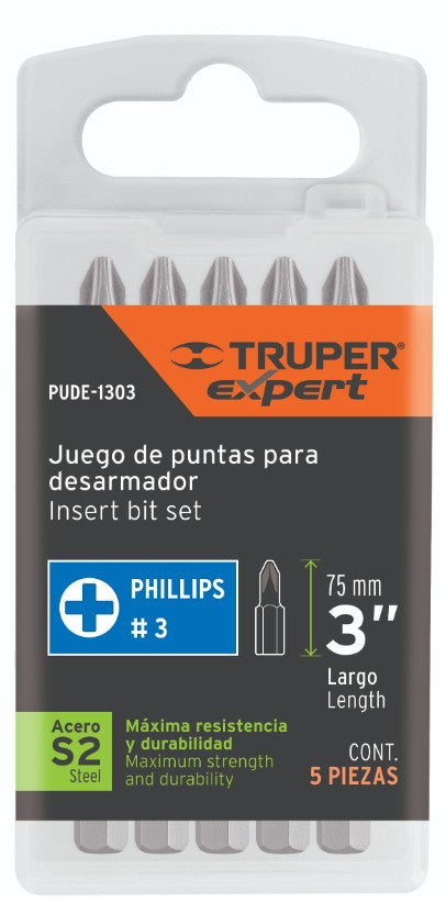Expert PUDE-1303 Puntas Phillips #3, 3', estuche con 5 piezas, Expert