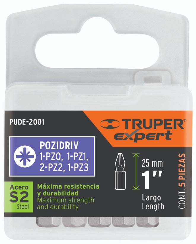 Expert PUDE-2201 Puntas Pozidriv #1, 2', estuche con 5 piezas, Expert