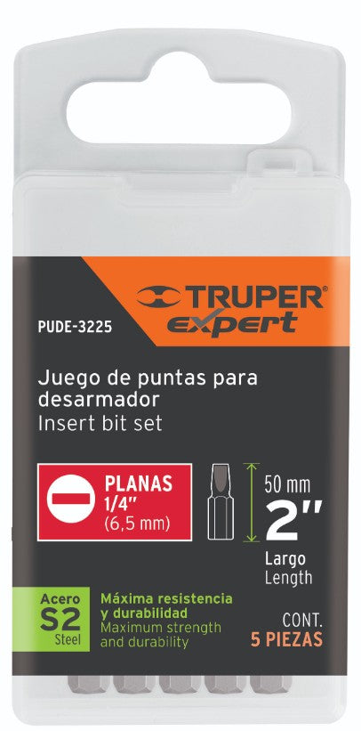 Expert PUDE-3225 Puntas planas 1/4', 2', estuche con 5 piezas, Expert