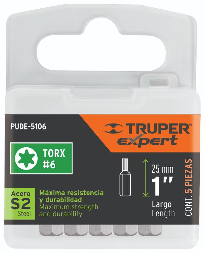 Expert PUDE-5106 Puntas Torx T6, 1', estuche con 5 piezas, Truper Expert