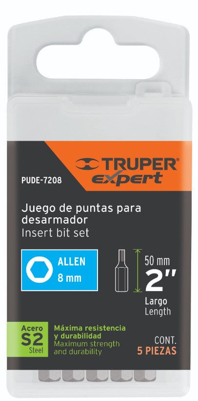 Expert PUDE-7208 Puntas hexagonales 8mm, 2', estuche con 5 piezas, Expert