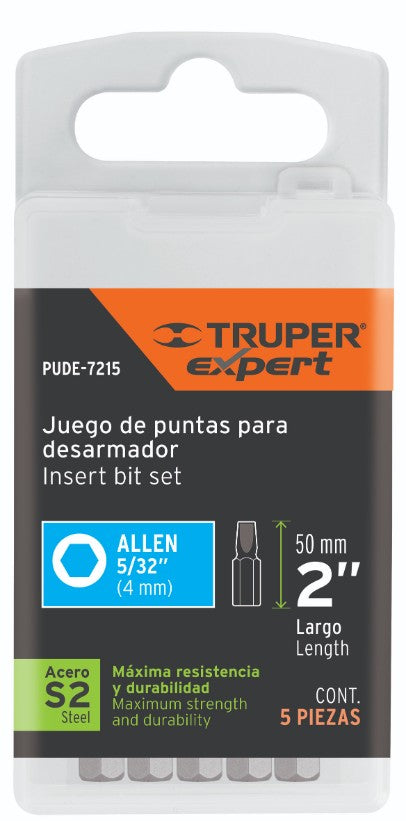 Expert PUDE-7215 Puntas hexagonales 5/32, 2', estuche con 5 piezas, Expert