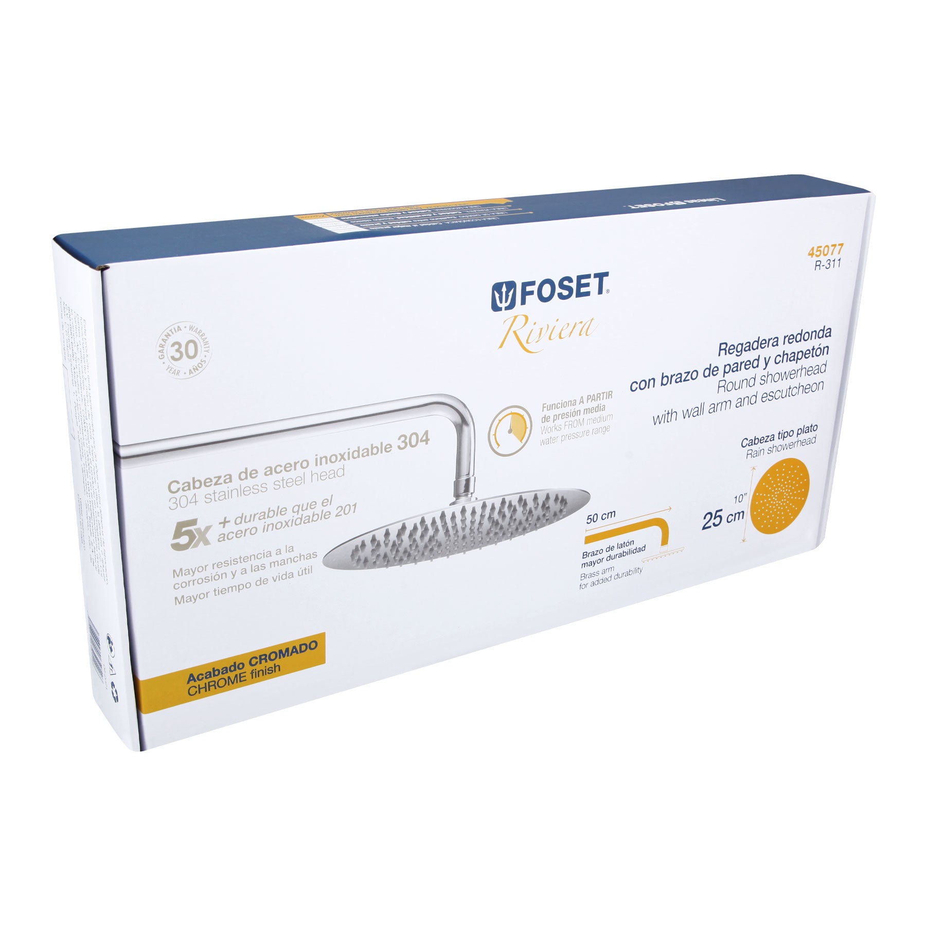 Foset R-311 Regadera redonda, acero inoxidable, 10', cromada, Riviera
