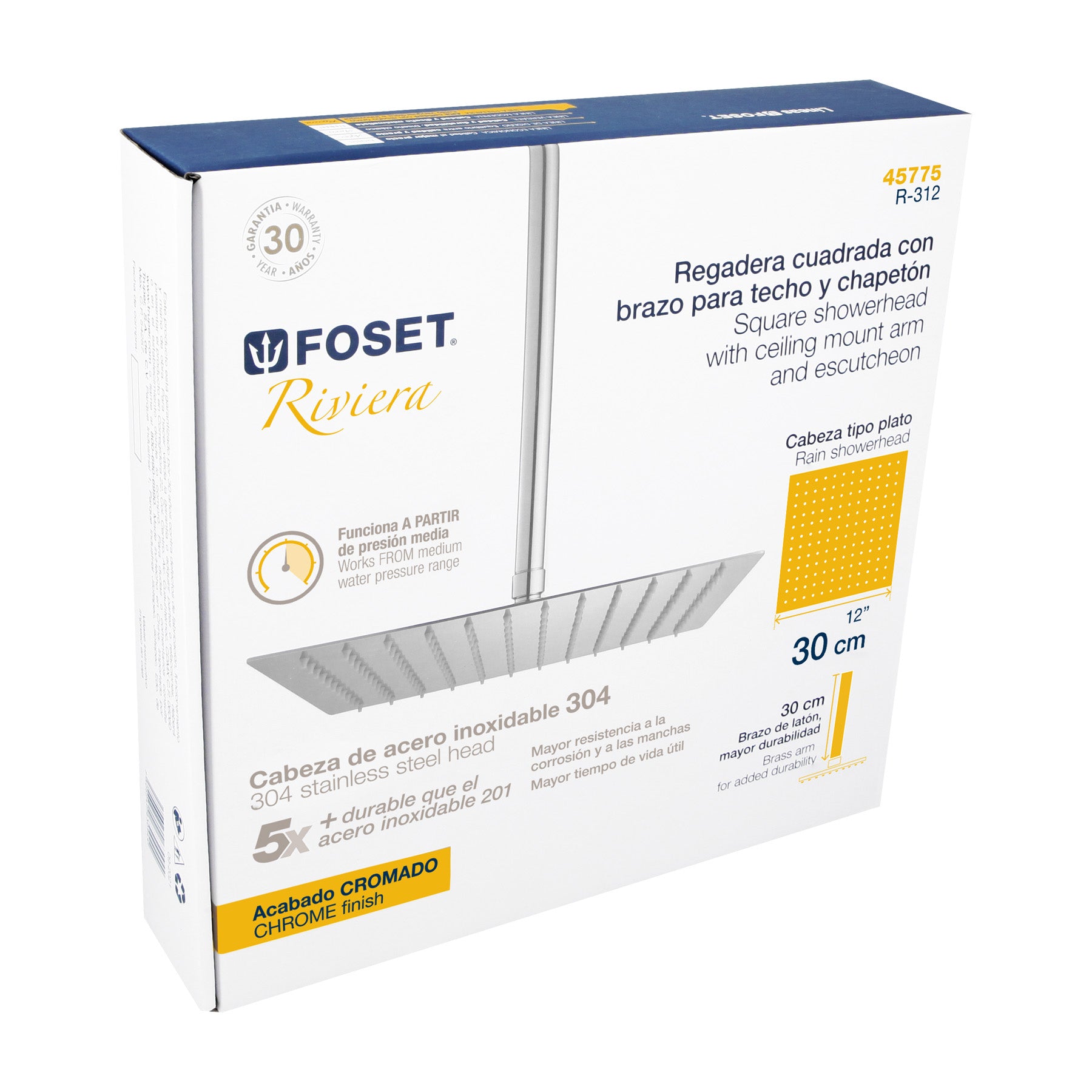 Foset R-312 Regadera cromo 12' plato cuadrado delgado con brazo, Riviera