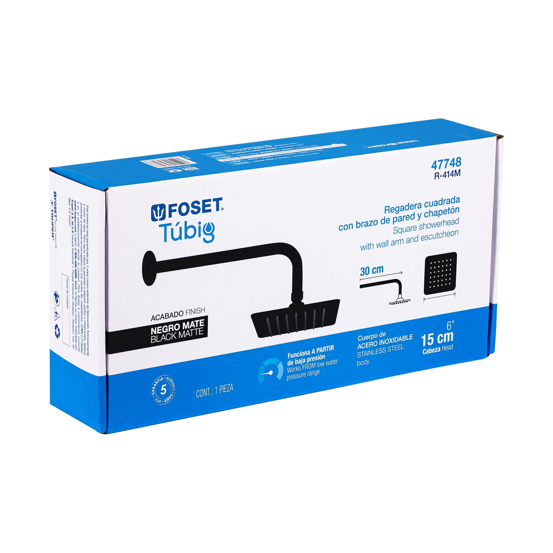 Foset R-414M Regadera cuadrada 6', acero inox, con brazo, negro, Túbig