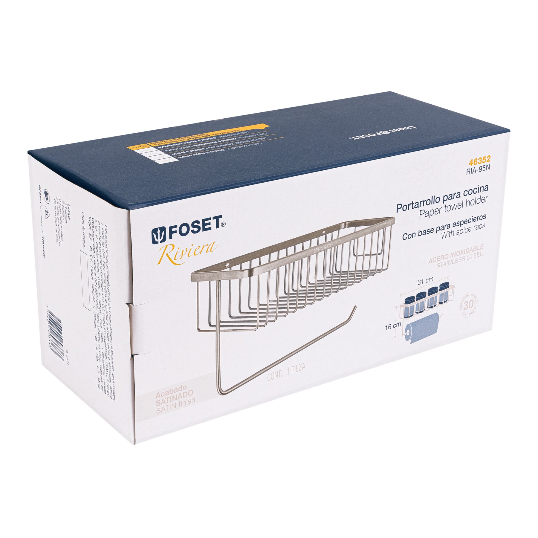 Foset RIA-95N Portarrollo y especiero en satín para cocina, Foset Riviera