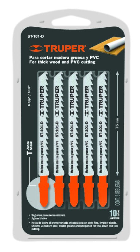 Truper ST-101-D Segueta caladora,cortes rectos madera,zanco t,6dpp,5 pzas