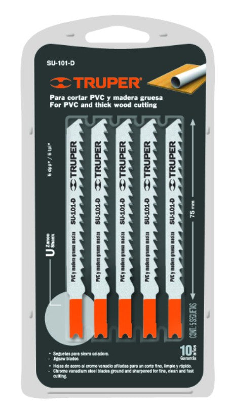 Truper SU-101-D Segueta caladora,cortes rectos madera,zanco u,6dpp,5 pzas