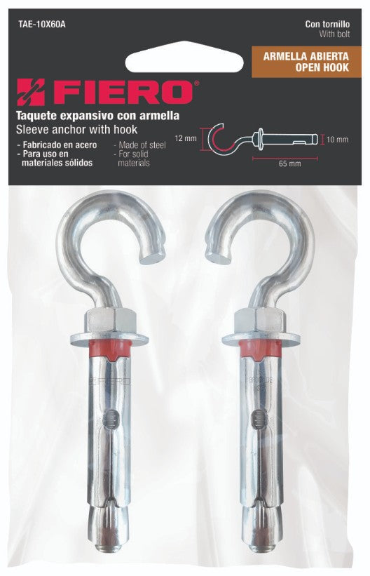 Fiero TAE-10X60A Taquete expansivo con armella abierta, 10X60mm, bolsa 4 pzas