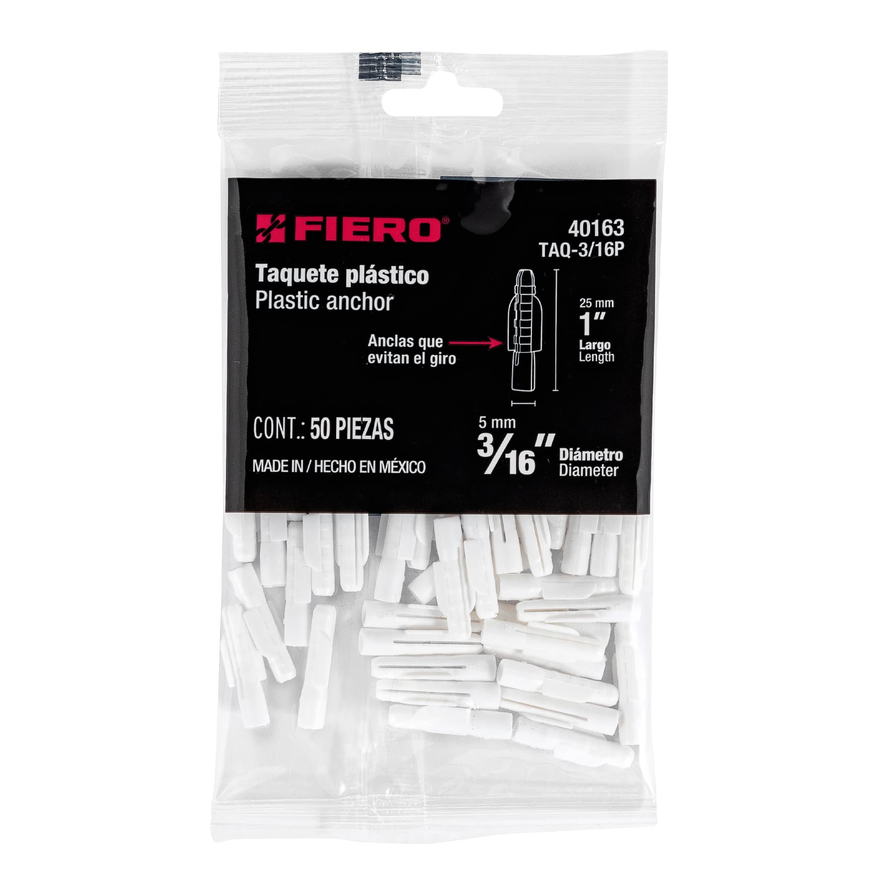 Fiero TAQ-3/16P Caja con 12 bolsas de 50 taquetes de plástico 3/16', Fiero