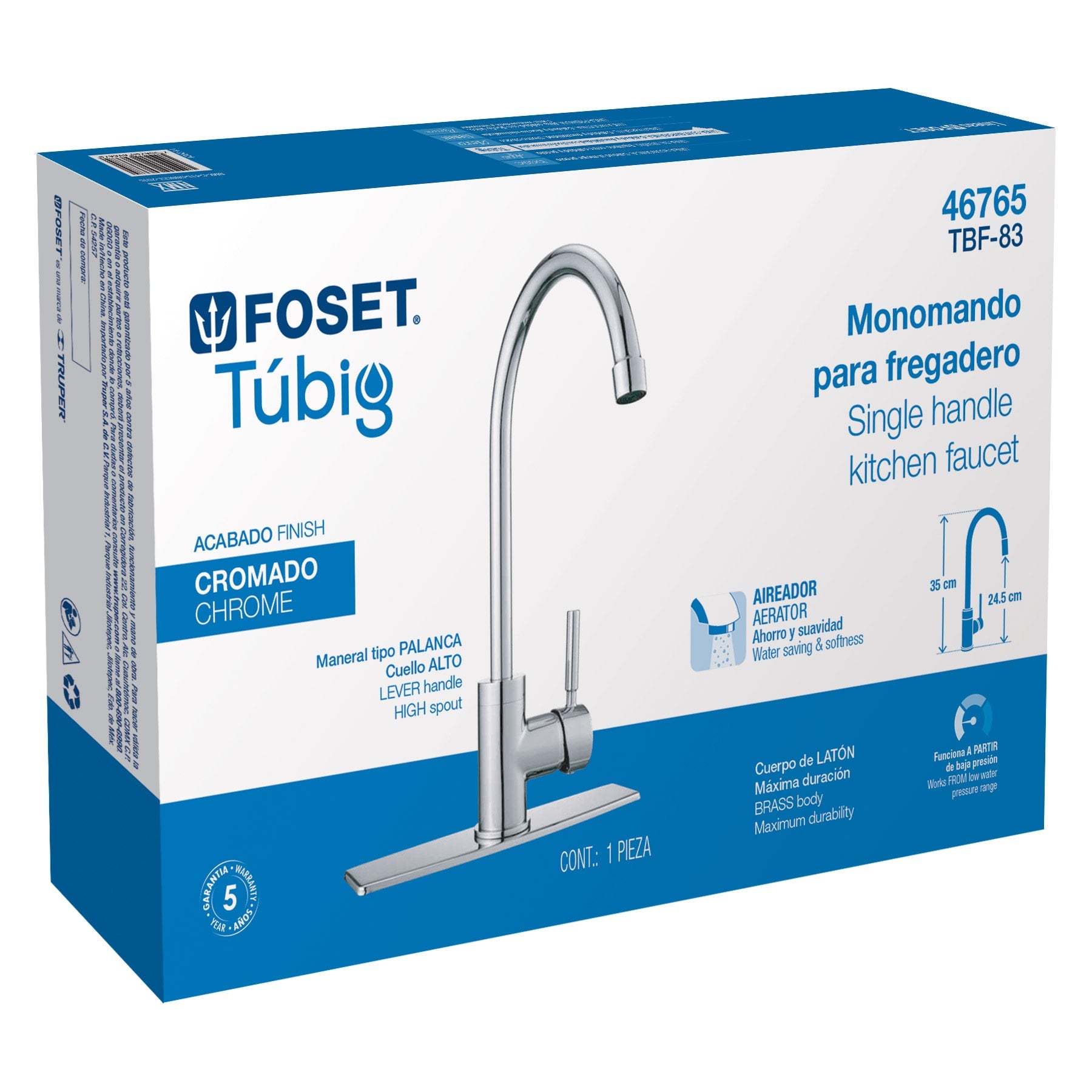 Foset TBF-83 Monomando para fregadero, cuello alto, cromo, Foset Tubig