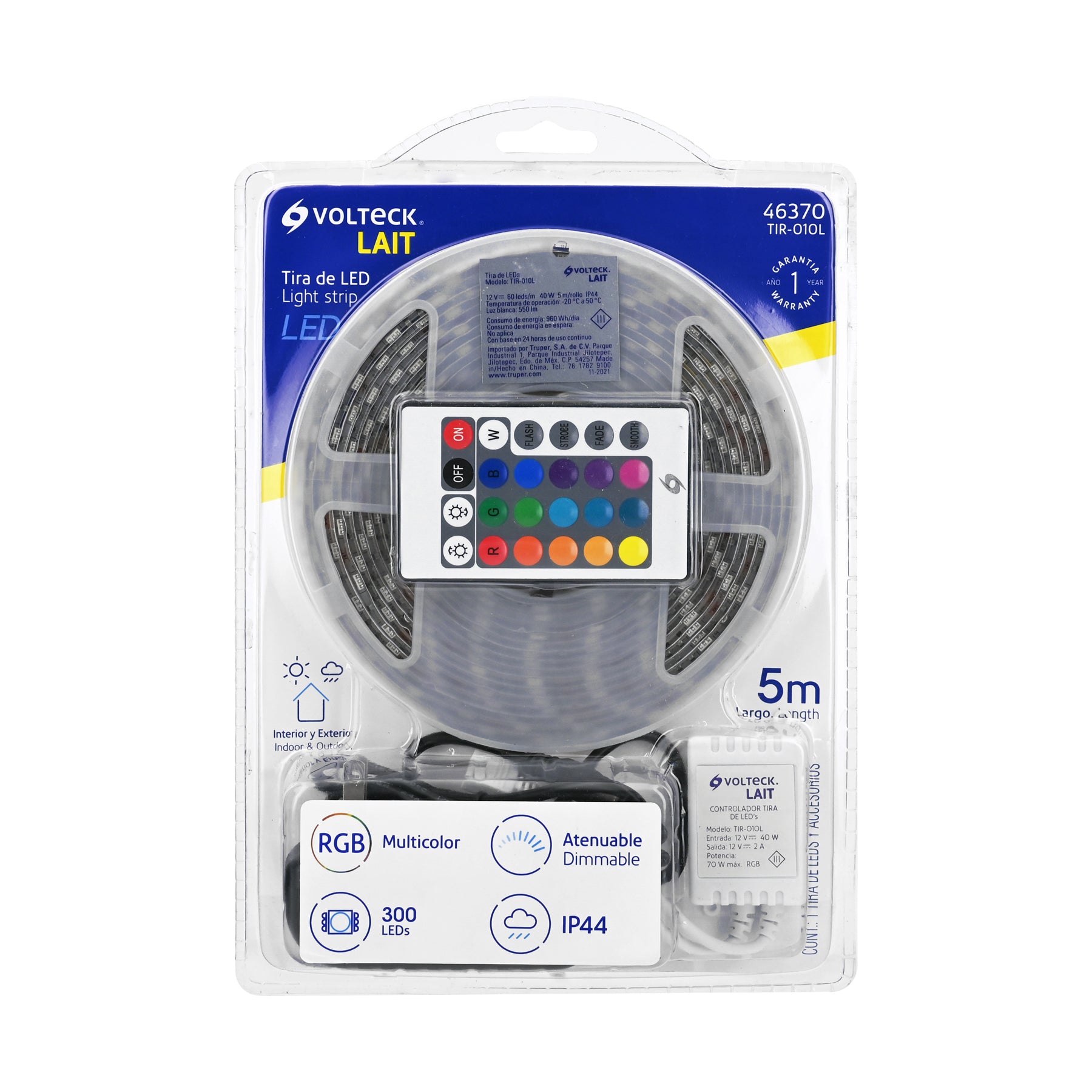 Volteck TIR-010L Tira LED multicolor RGB 40 W, 5 m para interior y exterior