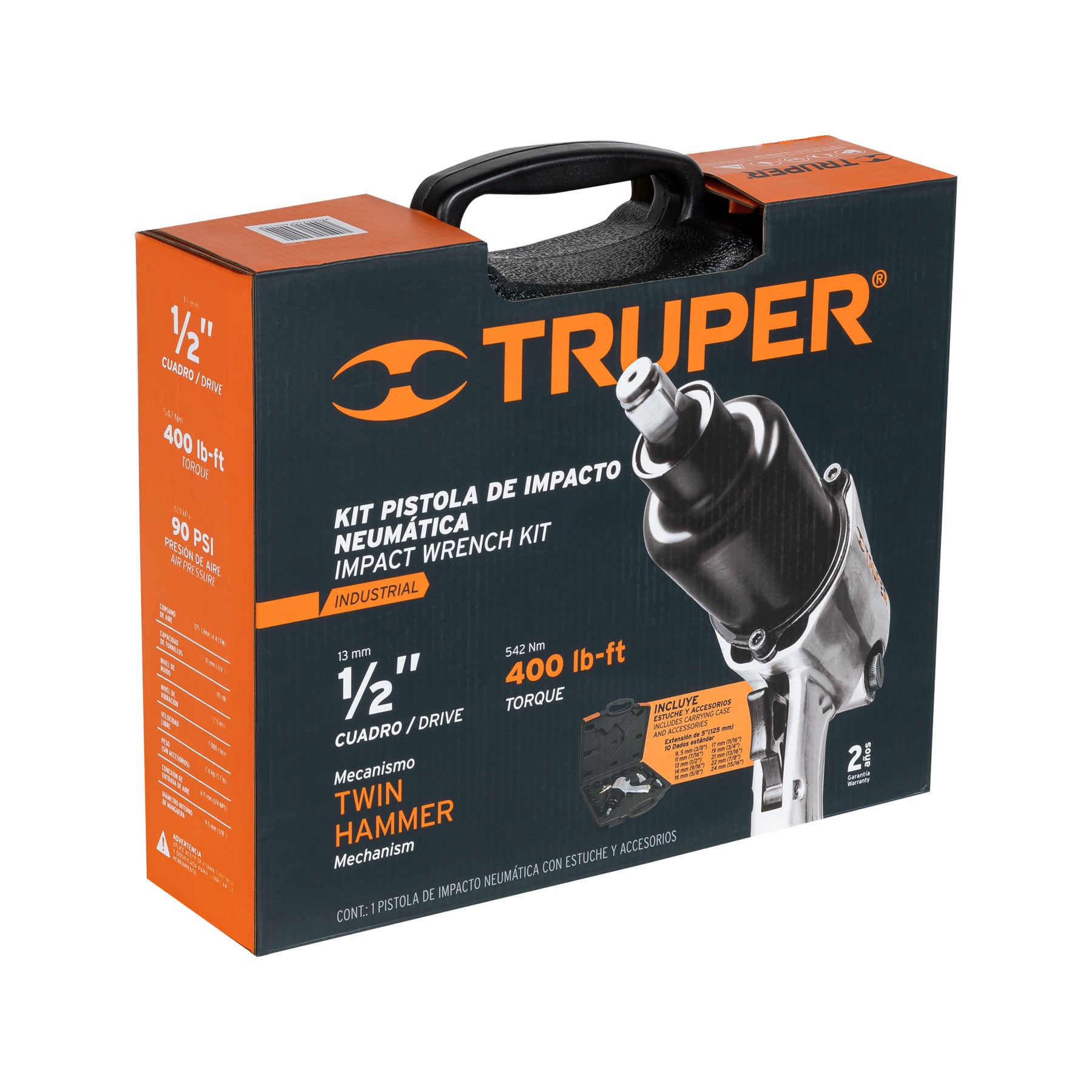 Truper TPN-734H-2K Kit de llave de impacto 1/2' ind. con estuche plástico