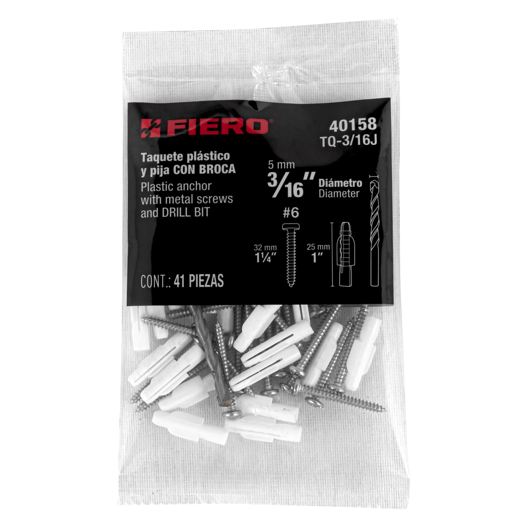 Fiero TQ-3/16J Kit de 20 taquetes 3/16" con pijas #6 y 1 broca 3/16