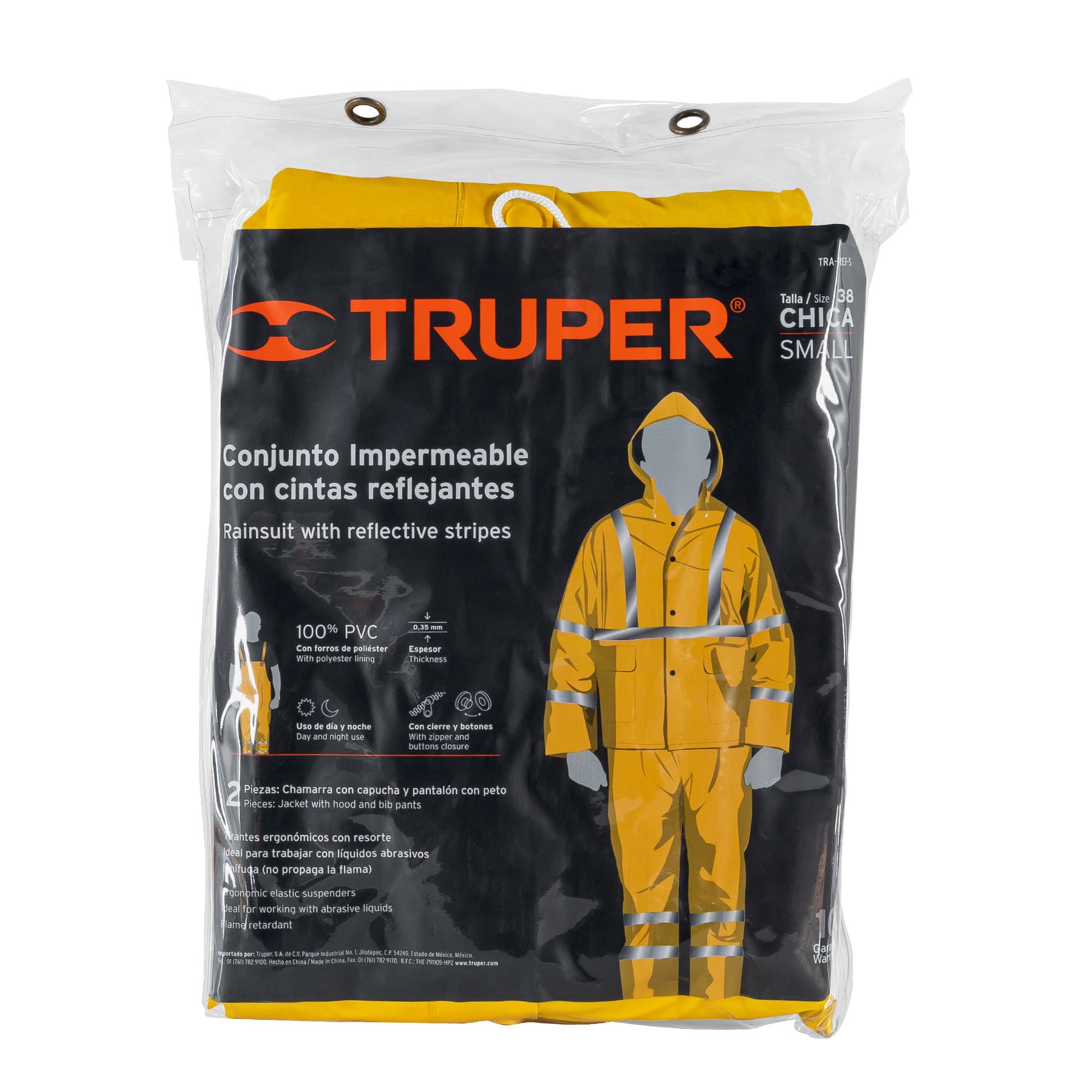 Truper TRA-REF-S Conjunto impermeable doble capa amarillo con reflejante, CH